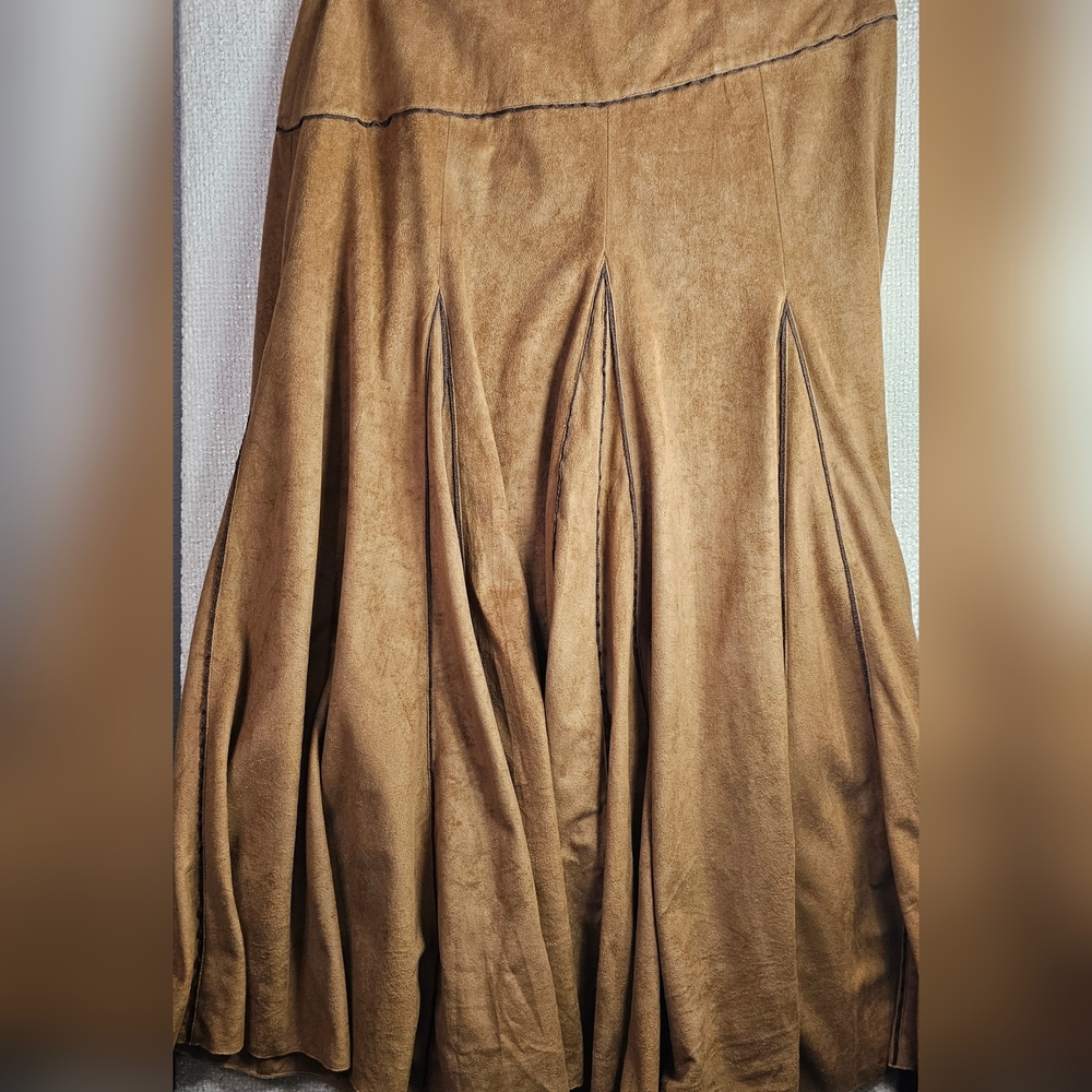 Tribal Faux Suede Midi Skirt Camel Brown Boho Western Pleated Size 10